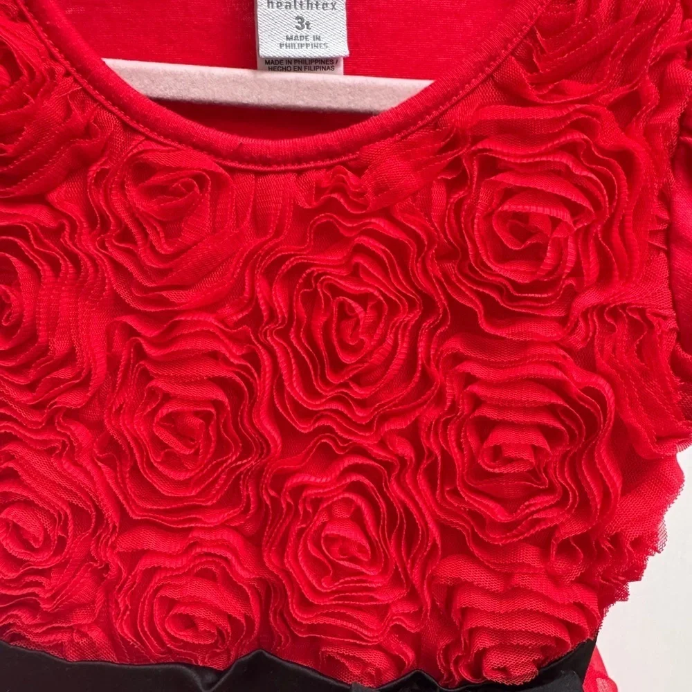 Healthtex 3T Girls Red & Black Rosette Poplin Short Sleeve Shirt Blouse